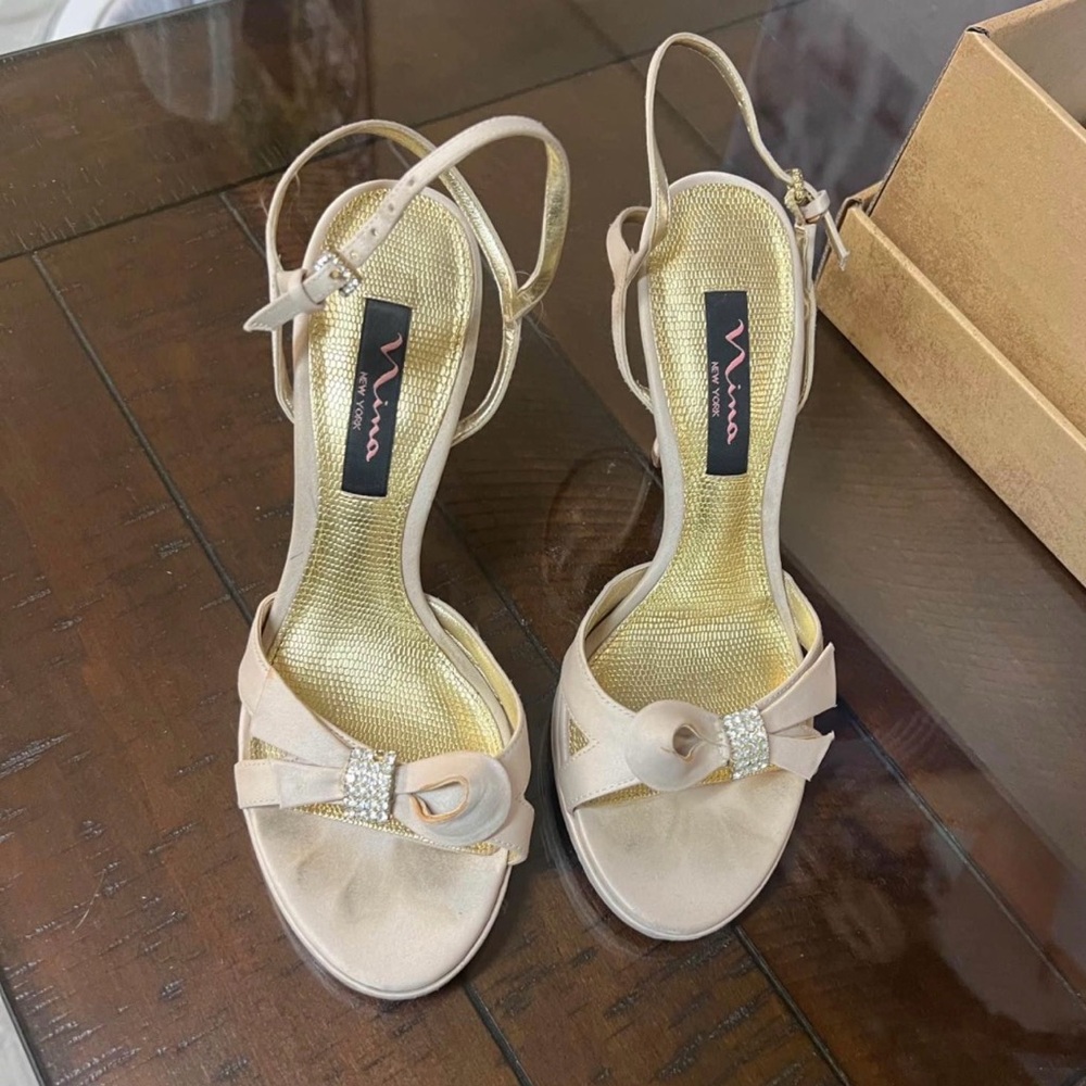 Nina Champagne Satin Bow Slingback Heels